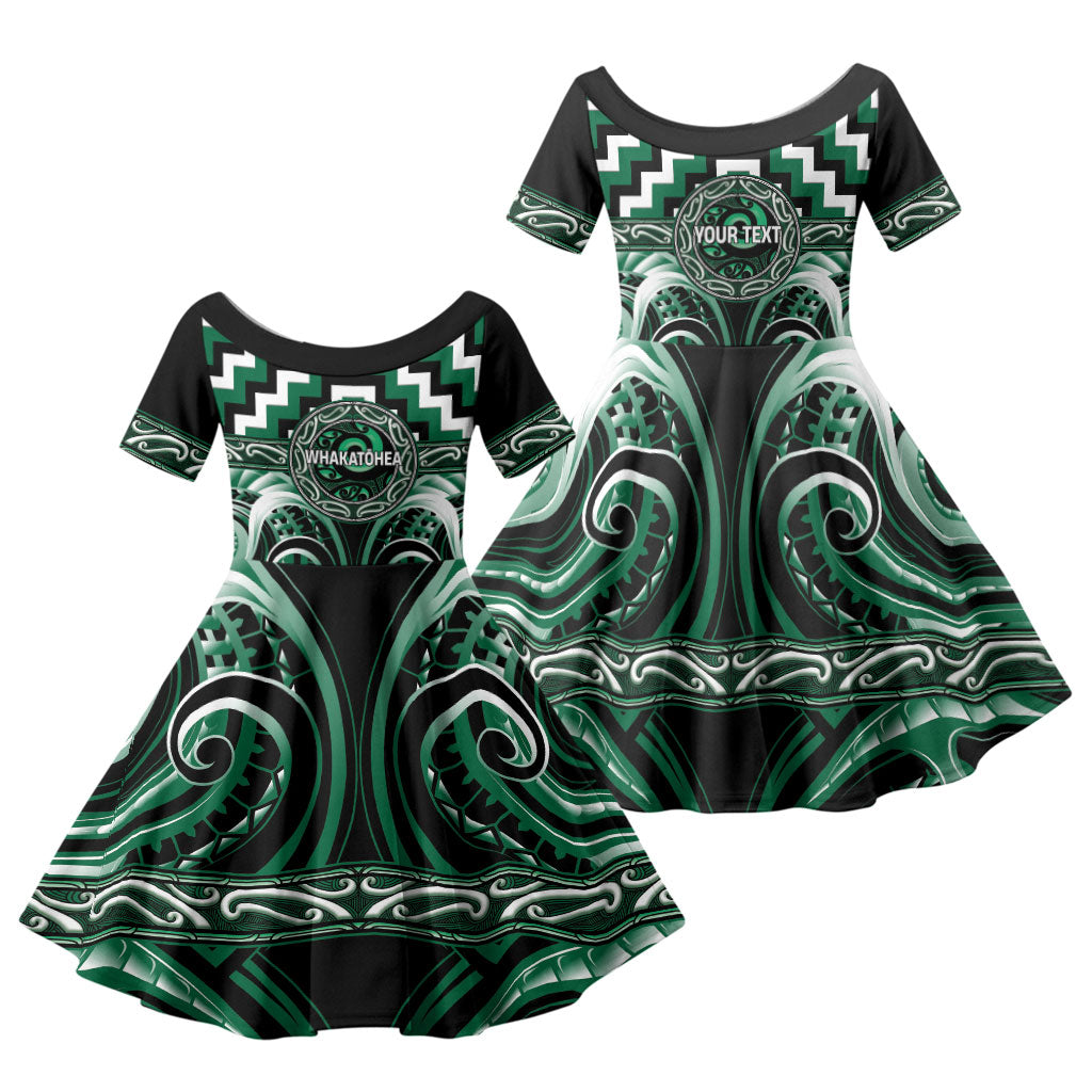 Aotearoa Whakatohea Personalised Family Matching Off The Shoulder Long Sleeve Dress and Hawaiian Shirt Maori Iwi Poutama Puhoro Tattoo LT14 Daughter's Dress Green - Polynesian Pride