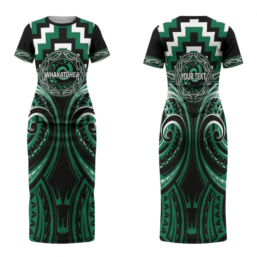 Aotearoa Whakatohea Personalised Family Matching Short Sleeve Bodycon Dress and Hawaiian Shirt Maori Iwi Poutama Puhoro Tattoo LT14 Mom's Dress Green - Polynesian Pride