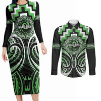 Aotearoa Ngati Awa Personalised Couples Matching Long Sleeve Bodycon Dress and Long Sleeve Button Shirt Maori Iwi Poutama Puhoro Tattoo LT14 Green - Polynesian Pride