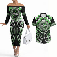 Aotearoa Ngati Awa Personalised Couples Matching Off The Shoulder Long Sleeve Dress and Hawaiian Shirt Maori Iwi Poutama Puhoro Tattoo LT14 Green - Polynesian Pride