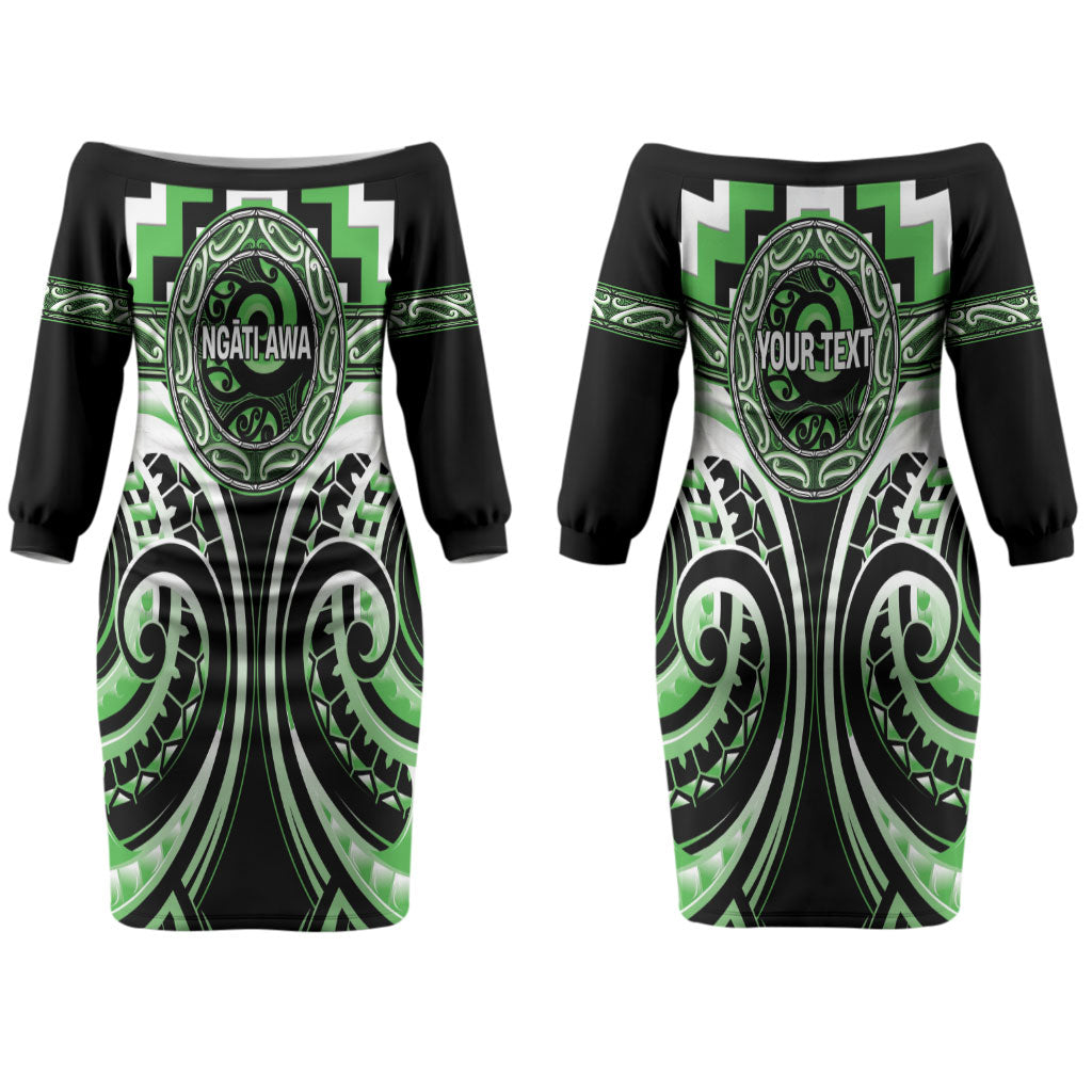 Aotearoa Ngati Awa Personalised Couples Matching Off The Shoulder Long Sleeve Dress and Hawaiian Shirt Maori Iwi Poutama Puhoro Tattoo LT14 - Polynesian Pride