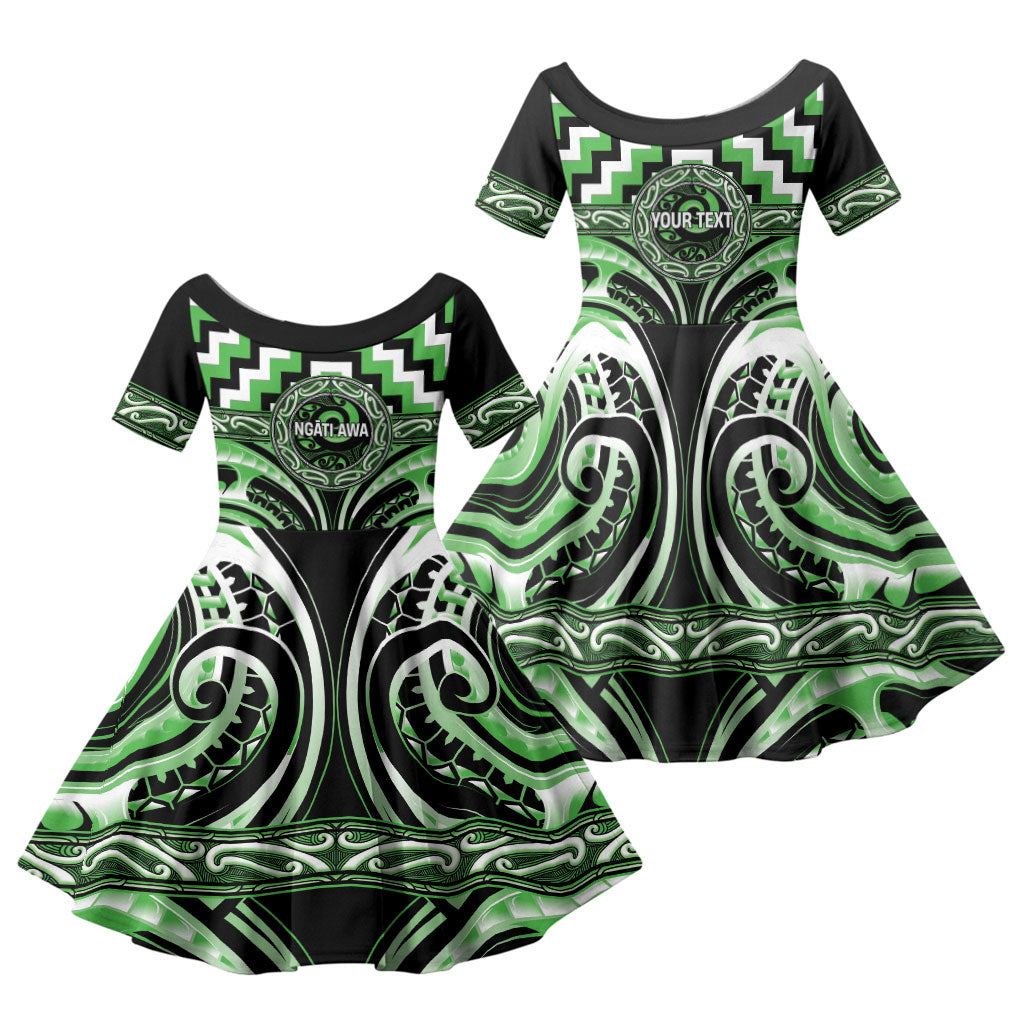 Aotearoa Ngati Awa Personalised Family Matching Off Shoulder Maxi Dress and Hawaiian Shirt Maori Iwi Poutama Puhoro Tattoo LT14 Daughter's Dress Green - Polynesian Pride