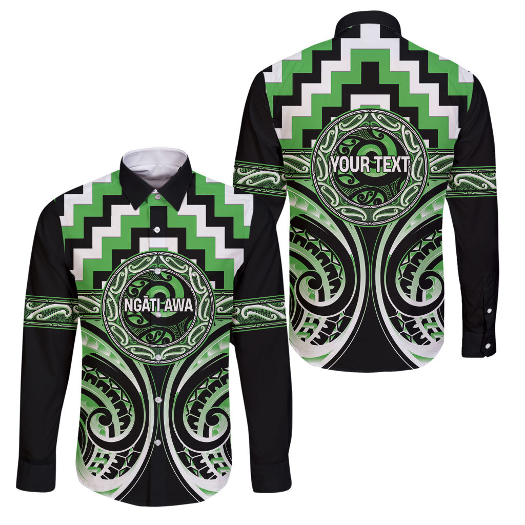 Aotearoa Ngati Awa Personalised Family Matching Summer Maxi Dress and Hawaiian Shirt Maori Iwi Poutama Puhoro Tattoo LT14 Dad's Shirt - Long Sleeve Green - Polynesian Pride