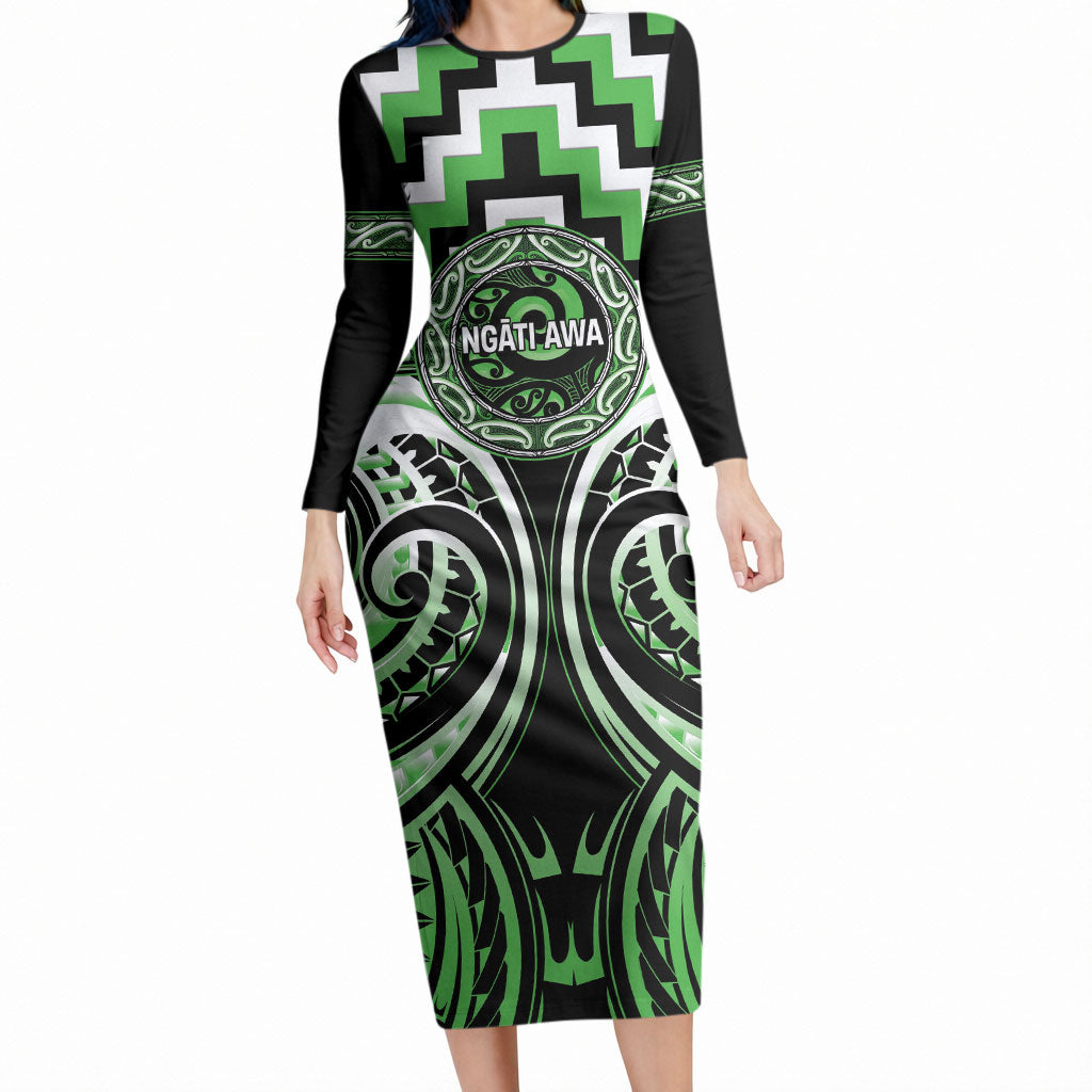 Aotearoa Ngati Awa Personalised Long Sleeve Bodycon Dress Maori Iwi Poutama Puhoro Tattoo