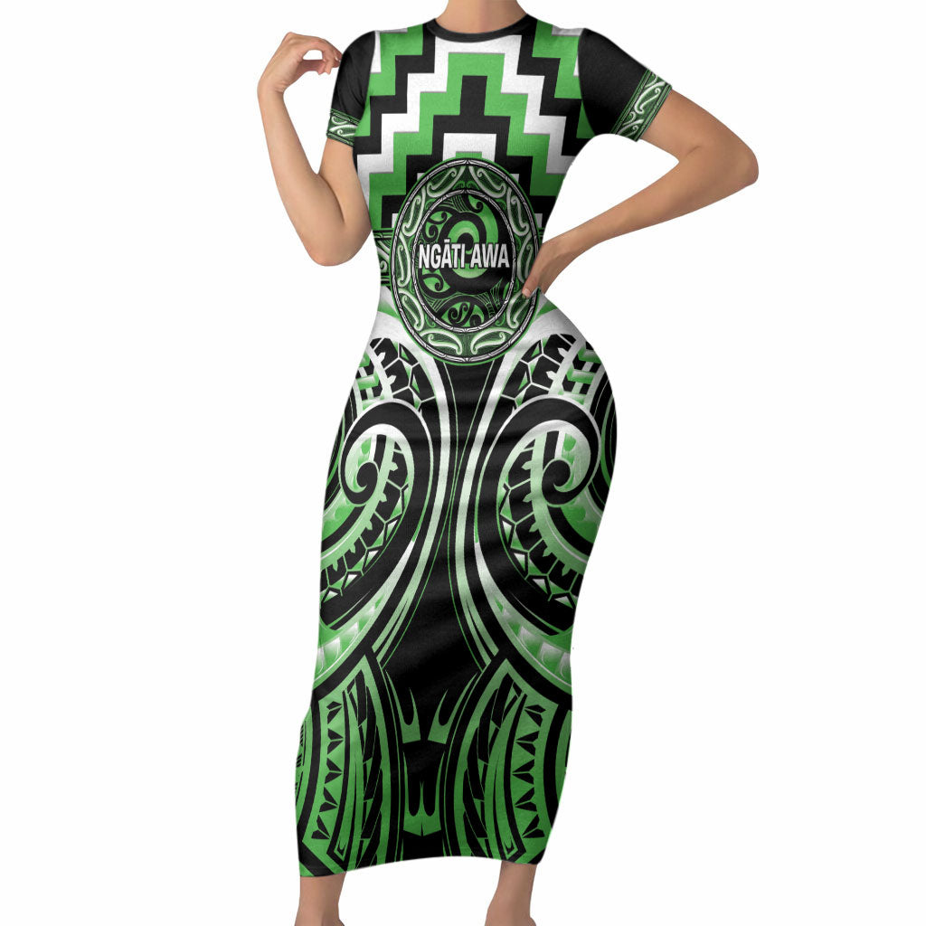 Aotearoa Ngati Awa Personalised Short Sleeve Bodycon Dress Maori Iwi Poutama Puhoro Tattoo