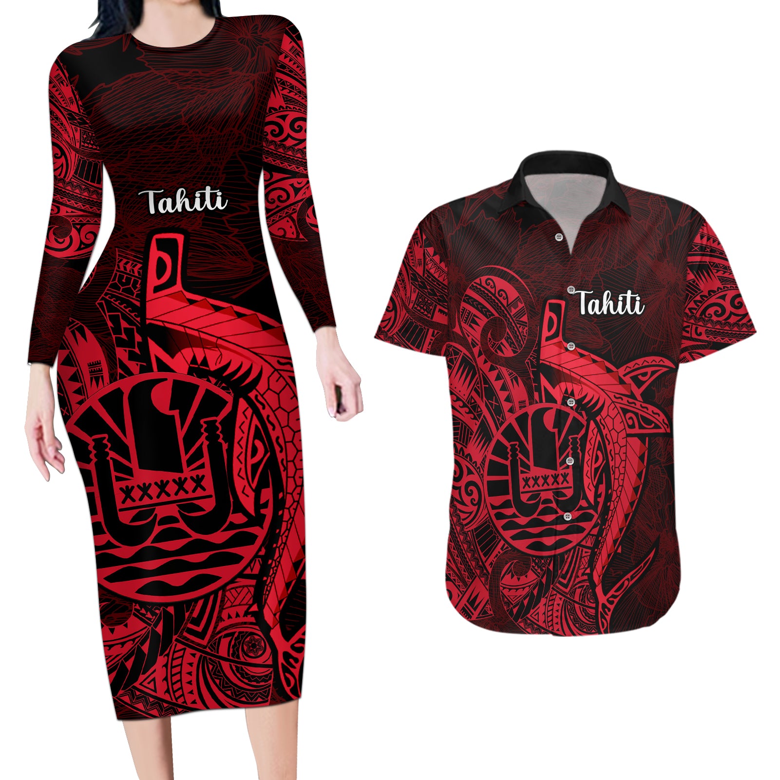 French Polynesia Tahiti Couples Matching Long Sleeve Bodycon Dress and Hawaiian Shirt Polynesian Shark Tattoo With Hibiscus Red Version LT14 Red - Polynesian Pride