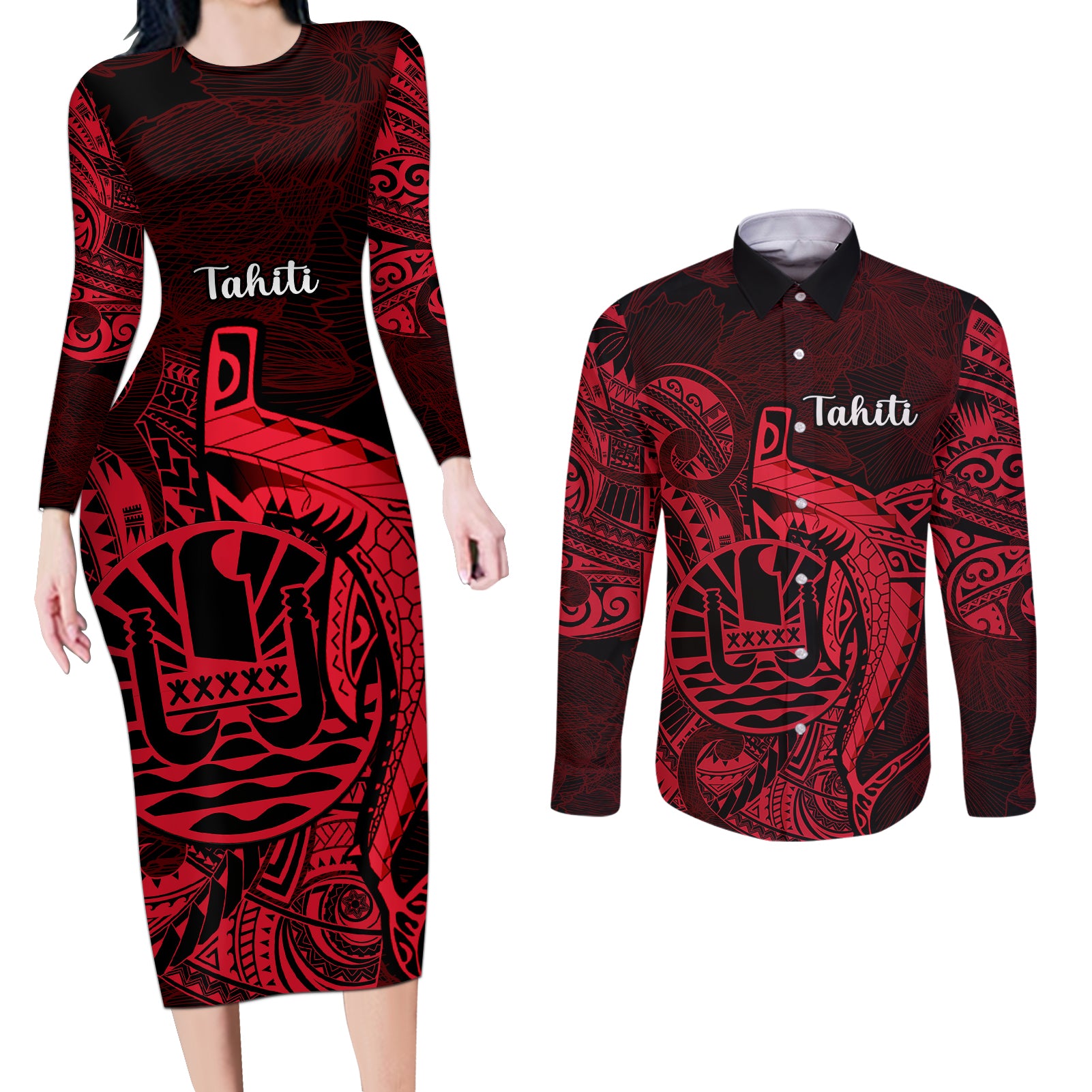 French Polynesia Tahiti Couples Matching Long Sleeve Bodycon Dress and Long Sleeve Button Shirts Polynesian Shark Tattoo With Hibiscus Red Version LT14 Red - Polynesian Pride