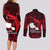French Polynesia Tahiti Couples Matching Long Sleeve Bodycon Dress and Long Sleeve Button Shirts Polynesian Shark Tattoo With Hibiscus Red Version LT14 - Polynesian Pride