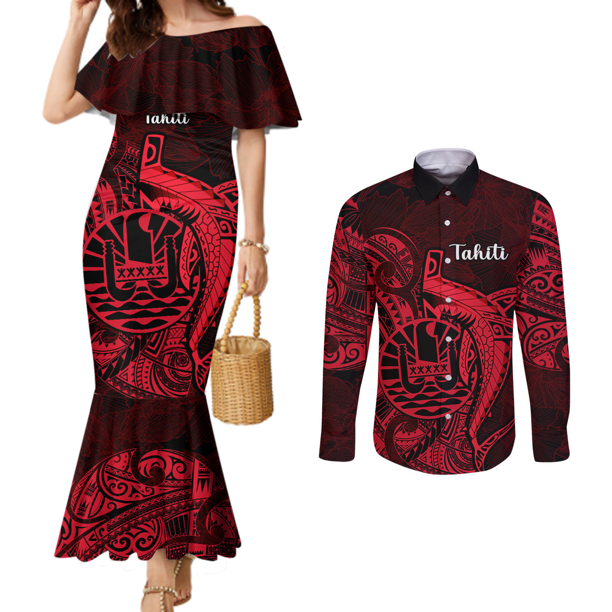 French Polynesia Tahiti Couples Matching Mermaid Dress and Long Sleeve Button Shirts Polynesian Shark Tattoo With Hibiscus Red Version LT14 Red - Polynesian Pride