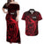 French Polynesia Tahiti Couples Matching Off Shoulder Maxi Dress and Hawaiian Shirt Polynesian Shark Tattoo With Hibiscus Red Version LT14 Red - Polynesian Pride