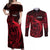 French Polynesia Tahiti Couples Matching Off Shoulder Maxi Dress and Long Sleeve Button Shirts Polynesian Shark Tattoo With Hibiscus Red Version LT14 Red - Polynesian Pride