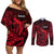 French Polynesia Tahiti Couples Matching Off Shoulder Short Dress and Long Sleeve Button Shirts Polynesian Shark Tattoo With Hibiscus Red Version LT14 Red - Polynesian Pride