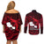 French Polynesia Tahiti Couples Matching Off Shoulder Short Dress and Long Sleeve Button Shirts Polynesian Shark Tattoo With Hibiscus Red Version LT14 - Polynesian Pride