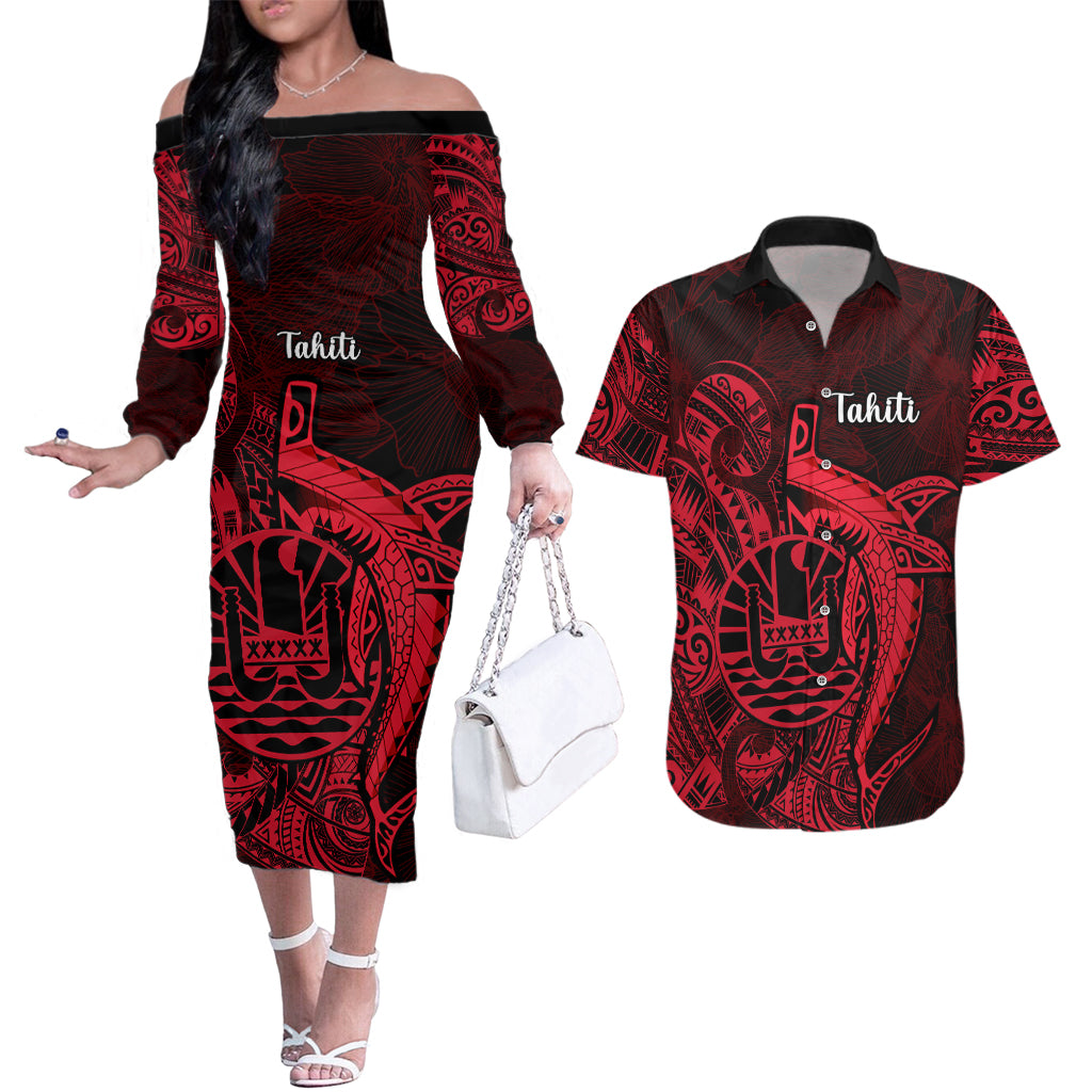 French Polynesia Tahiti Couples Matching Off The Shoulder Long Sleeve Dress and Hawaiian Shirt Polynesian Shark Tattoo With Hibiscus Red Version LT14 Red - Polynesian Pride