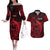 French Polynesia Tahiti Couples Matching Off The Shoulder Long Sleeve Dress and Hawaiian Shirt Polynesian Shark Tattoo With Hibiscus Red Version LT14 Red - Polynesian Pride