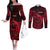 French Polynesia Tahiti Couples Matching Off The Shoulder Long Sleeve Dress and Long Sleeve Button Shirts Polynesian Shark Tattoo With Hibiscus Red Version LT14 Red - Polynesian Pride