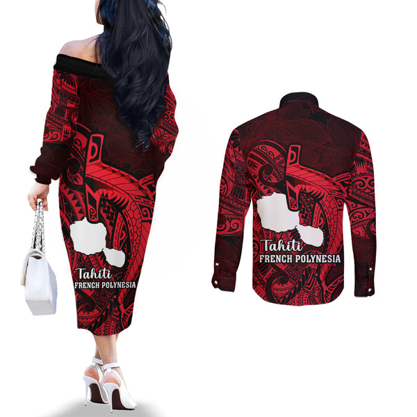 Custom Hela Wigmen Rugby Couples Matching Off The Shoulder Long Sleeve Dress and Long Sleeve Button Shirts Papua New Guinea Polynesian Tattoo LT03 main image 0
