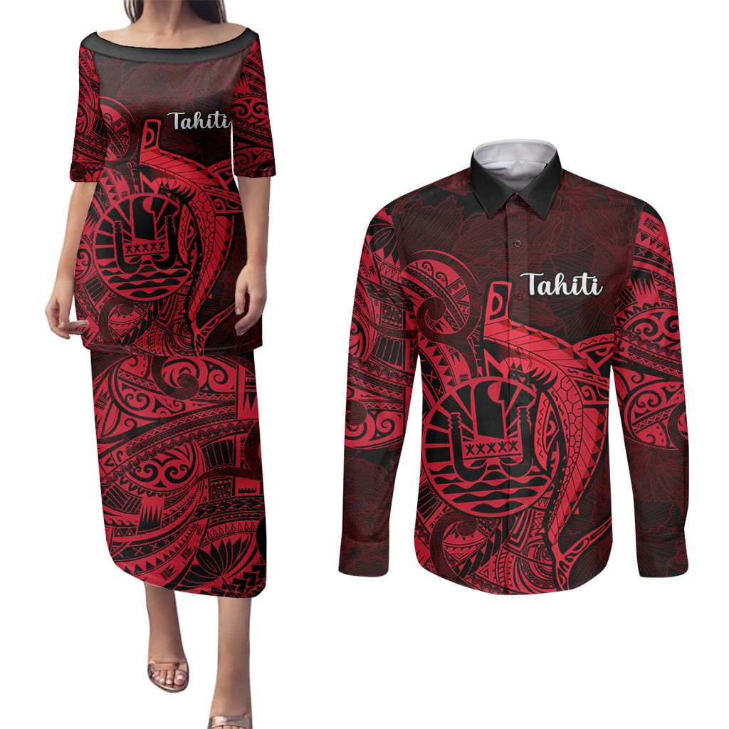 French Polynesia Tahiti Couples Matching Puletasi Dress and Long Sleeve Button Shirts Polynesian Shark Tattoo With Hibiscus Red Version LT14 Red - Polynesian Pride