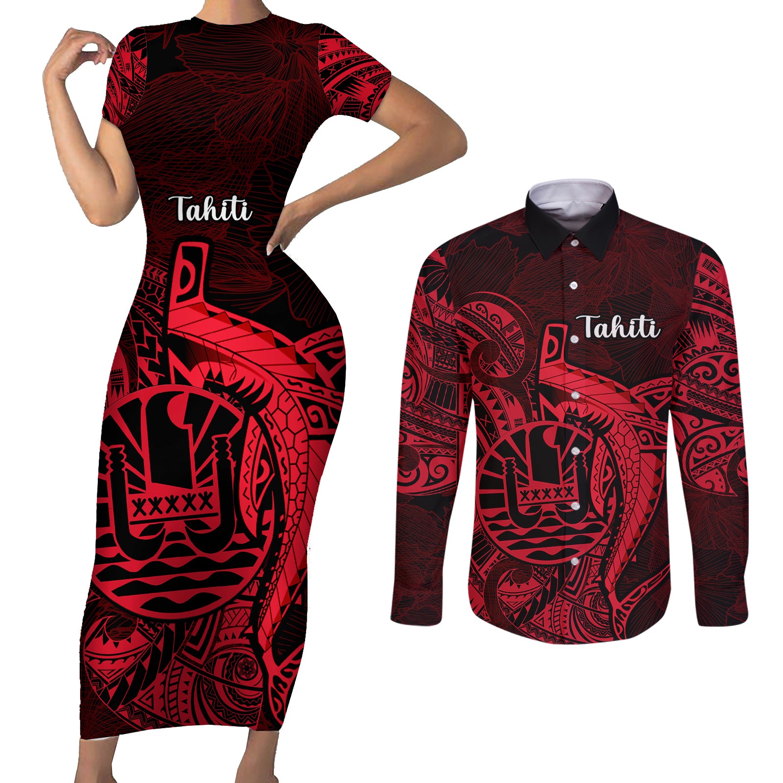 French Polynesia Tahiti Couples Matching Short Sleeve Bodycon Dress and Long Sleeve Button Shirts Polynesian Shark Tattoo With Hibiscus Red Version LT14 Red - Polynesian Pride
