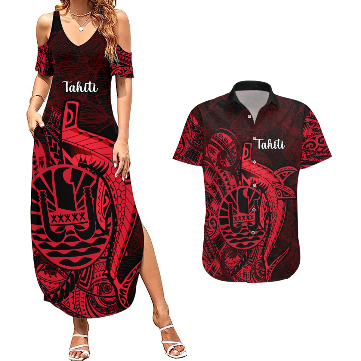 French Polynesia Tahiti Couples Matching Summer Maxi Dress and Hawaiian Shirt Polynesian Shark Tattoo With Hibiscus Red Version LT14 Red - Polynesian Pride