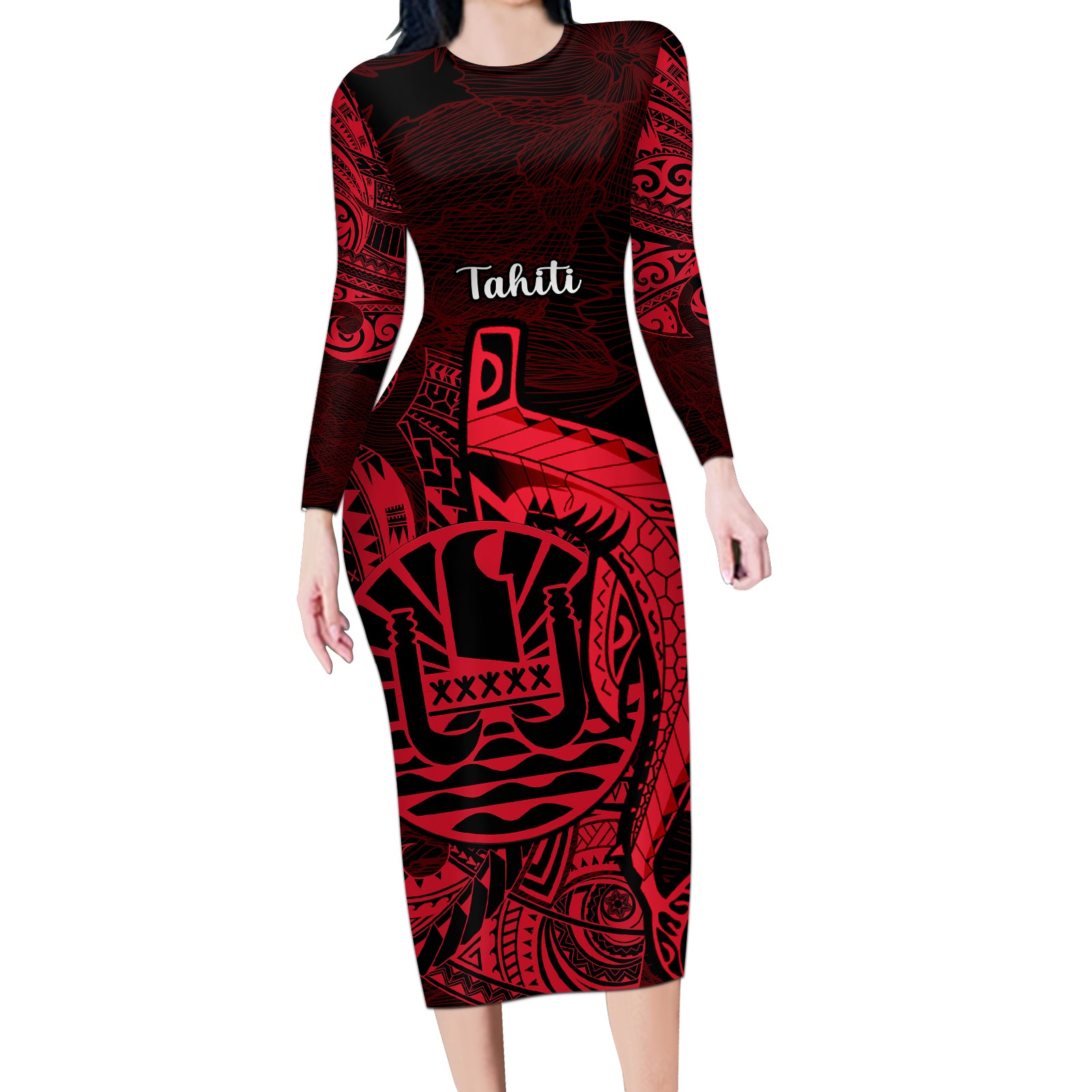 French Polynesia Tahiti Long Sleeve Bodycon Dress Polynesian Shark Tattoo With Hibiscus Red Version LT14 Long Dress Red - Polynesian Pride