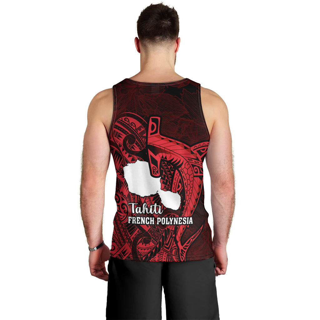 French Polynesia Tahiti Men Tank Top Polynesian Shark Tattoo With Hibiscus Red Version LT14 - Polynesian Pride