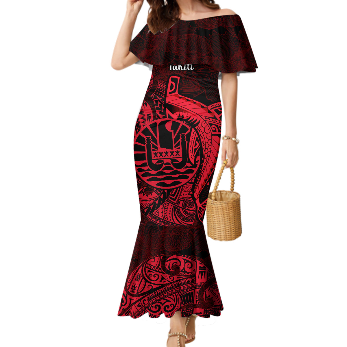 French Polynesia Tahiti Mermaid Dress Polynesian Shark Tattoo With Hibiscus Red Version LT14 Women Red - Polynesian Pride