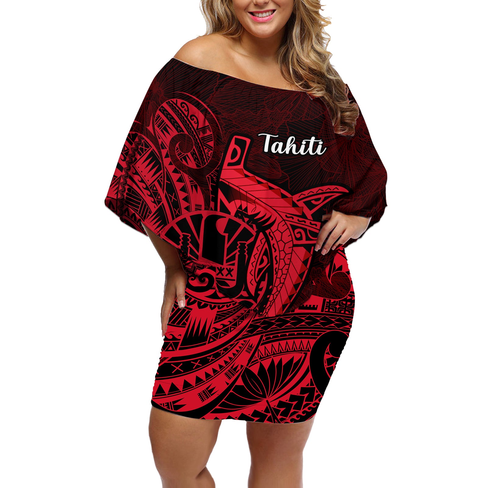 French Polynesia Tahiti Off Shoulder Short Dress Polynesian Shark Tattoo With Hibiscus Red Version LT14 Women Red - Polynesian Pride