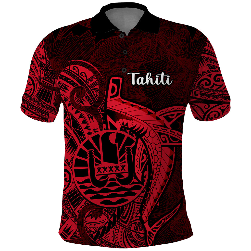 French Polynesia Tahiti Polo Shirt Polynesian Shark Tattoo With Hibiscus Red Version LT14 Red - Polynesian Pride