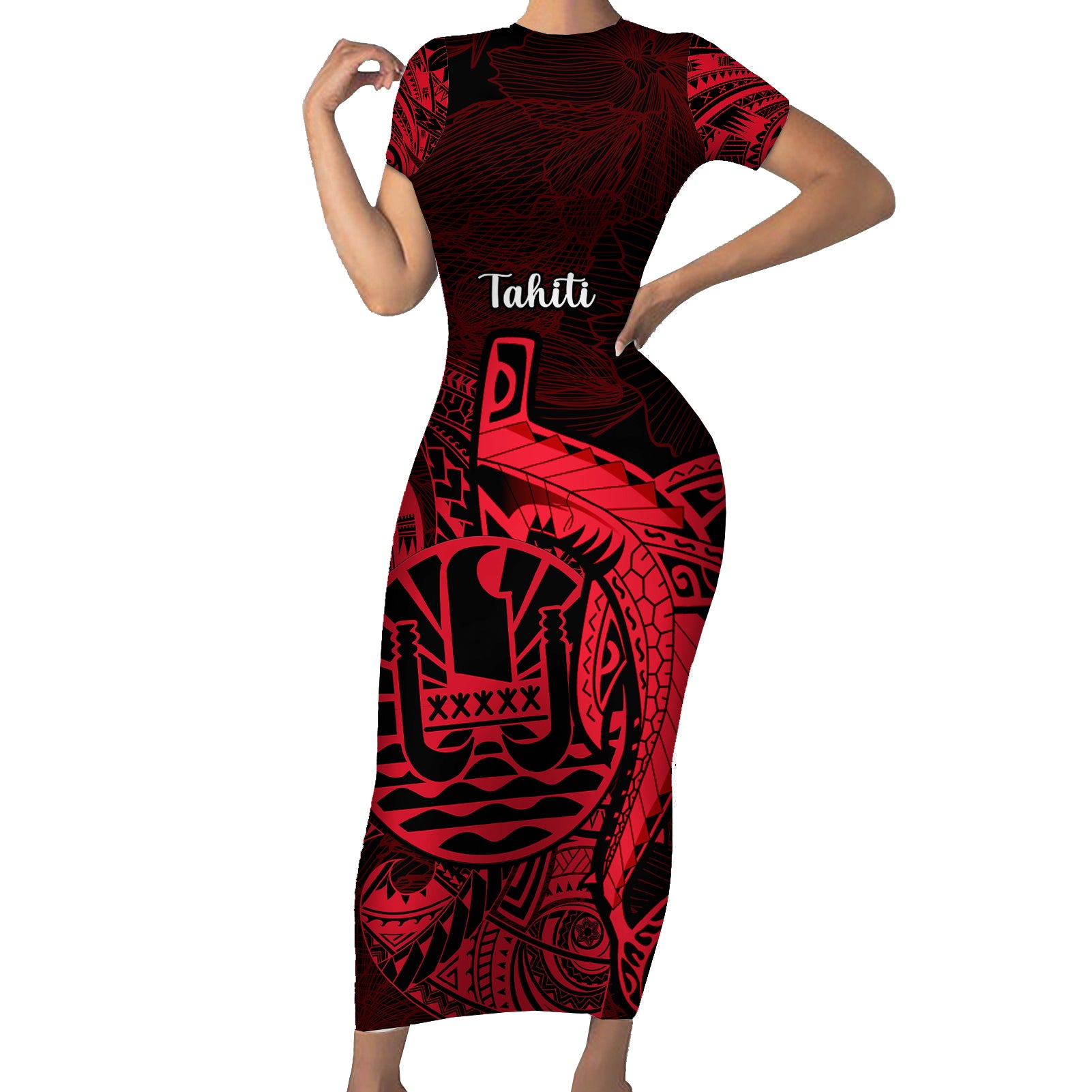 French Polynesia Tahiti Short Sleeve Bodycon Dress Polynesian Shark Tattoo With Hibiscus Red Version LT14 Long Dress Red - Polynesian Pride