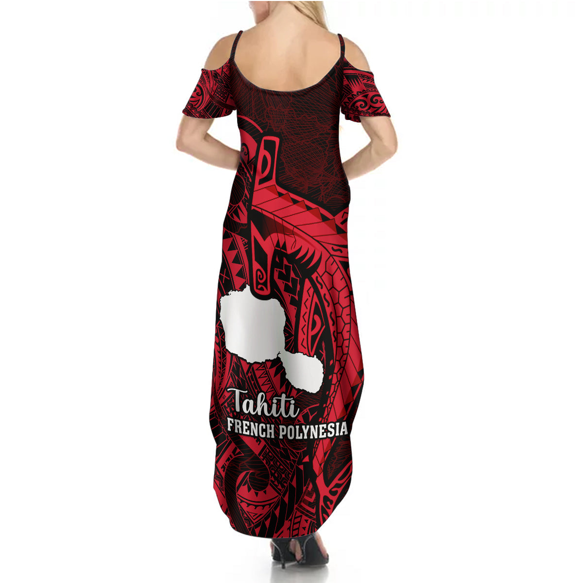 French Polynesia Tahiti Summer Maxi Dress Polynesian Shark Tattoo With Hibiscus Red Version LT14 - Polynesian Pride
