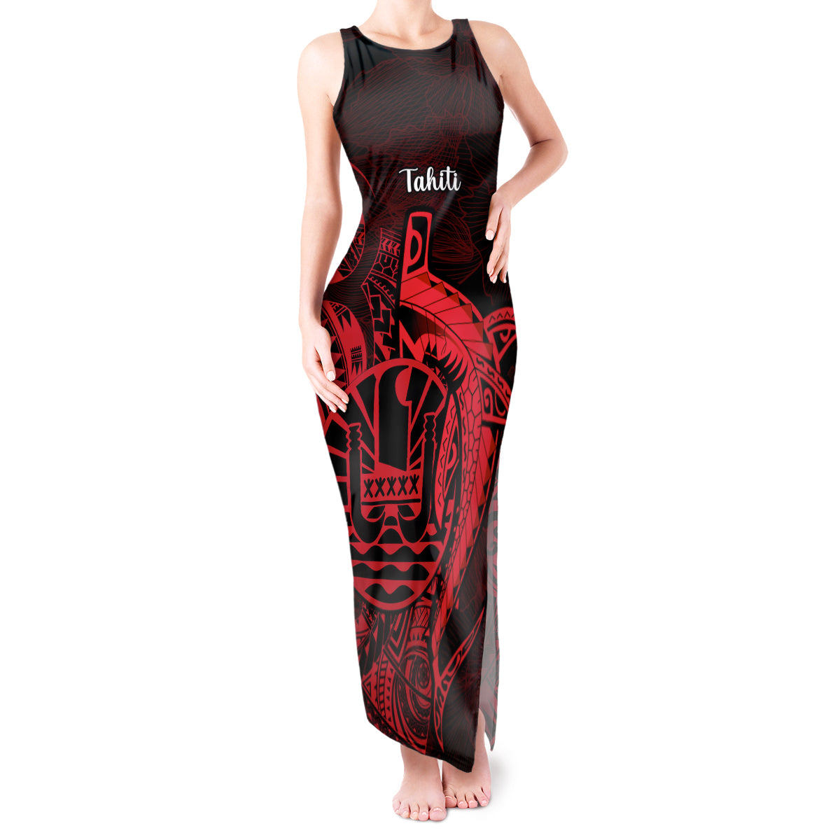 French Polynesia Tahiti Tank Maxi Dress Polynesian Shark Tattoo With Hibiscus Red Version LT14 Women Red - Polynesian Pride