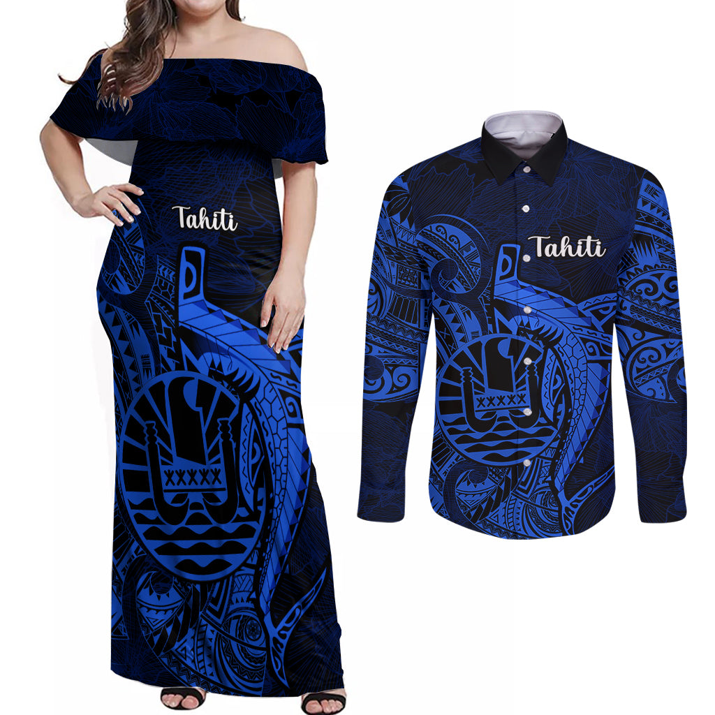 French Polynesia Tahiti Couples Matching Off Shoulder Maxi Dress and Long Sleeve Button Shirts Polynesian Shark Tattoo With Hibiscus Blue Version LT14 Blue - Polynesian Pride