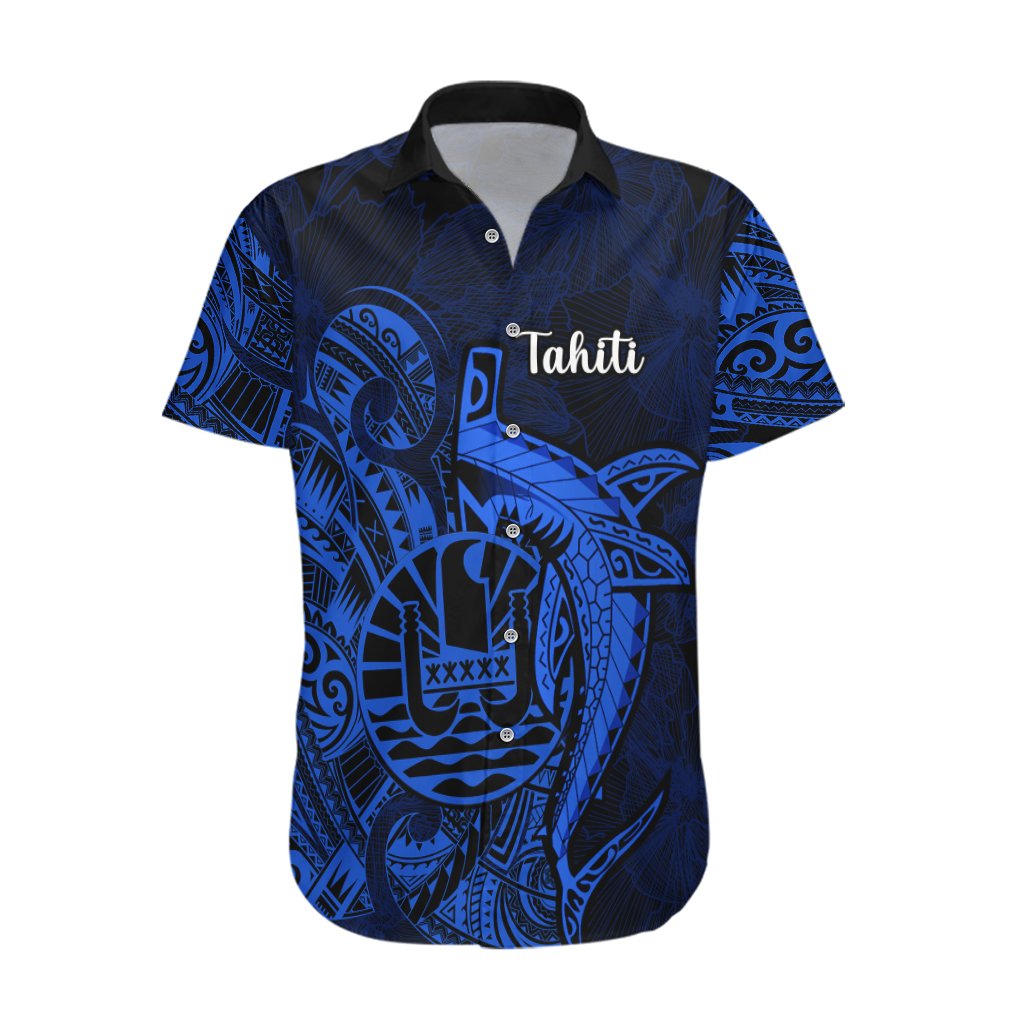 French Polynesia Tahiti Hawaiian Shirt Polynesian Shark Tattoo With Hibiscus Blue Version LT14 Blue - Polynesian Pride