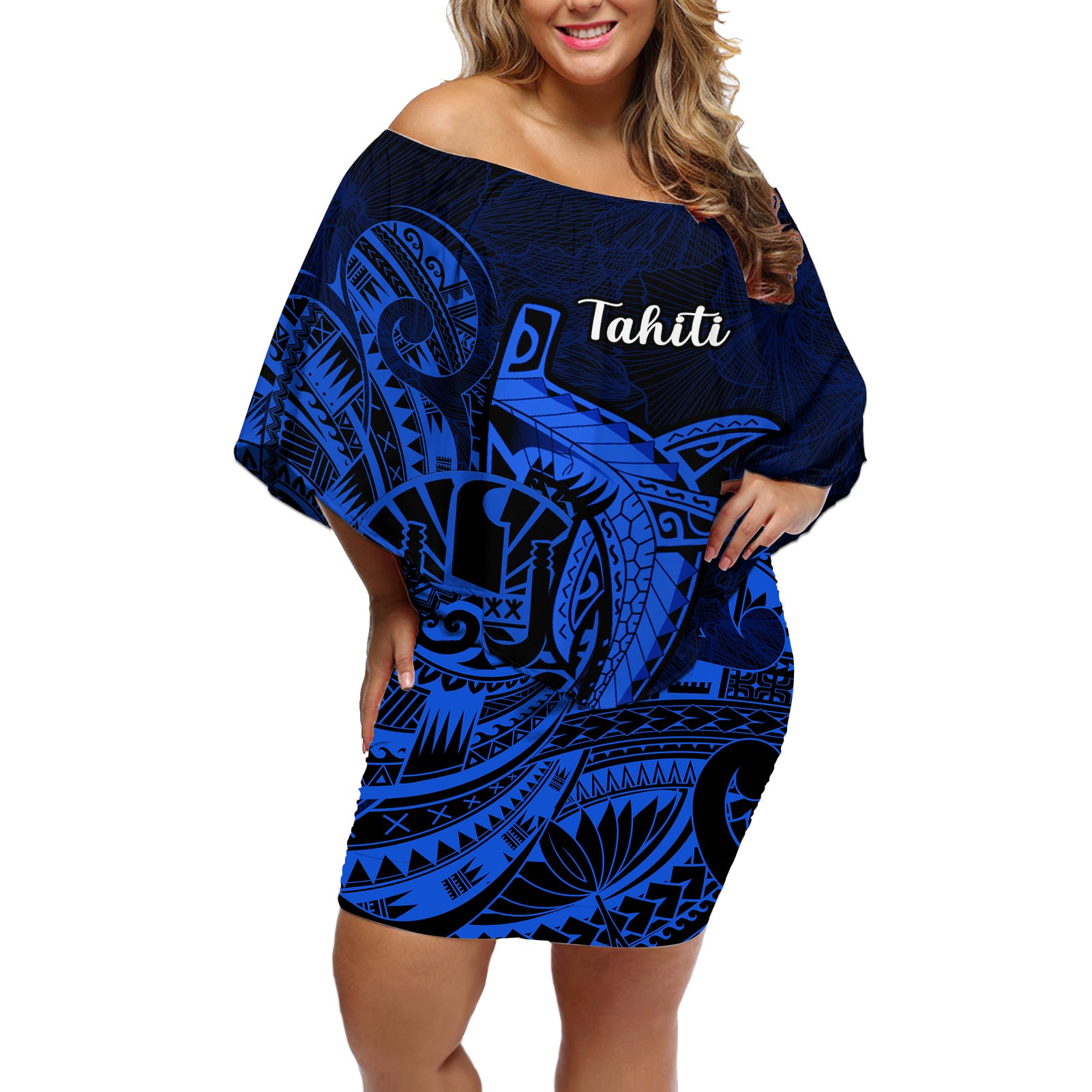 French Polynesia Tahiti Off Shoulder Short Dress Polynesian Shark Tattoo With Hibiscus Blue Version LT14 Women Blue - Polynesian Pride