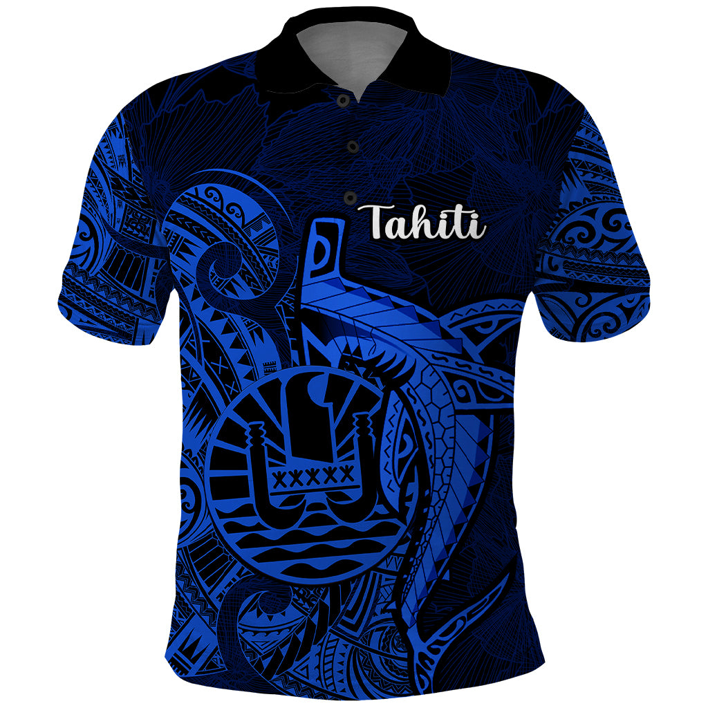 French Polynesia Tahiti Polo Shirt Polynesian Shark Tattoo With Hibiscus Blue Version LT14 Blue - Polynesian Pride