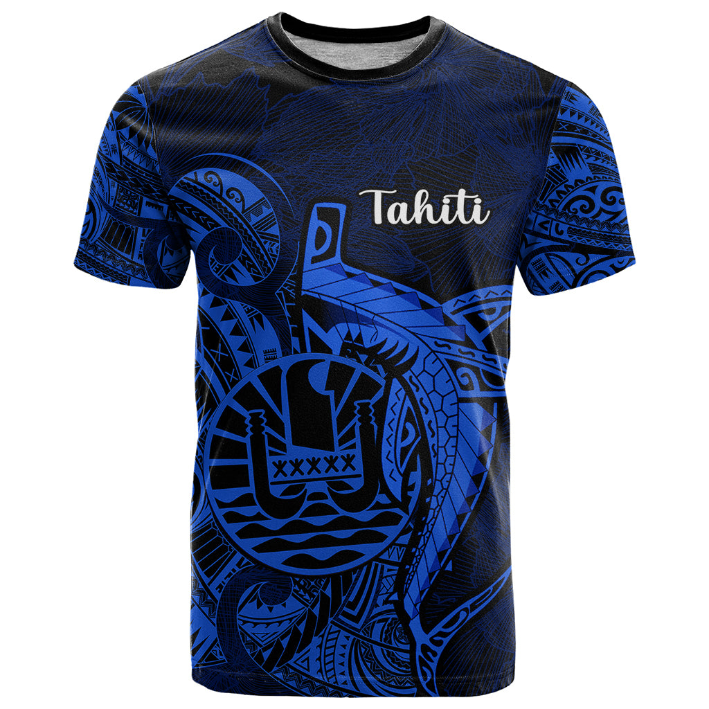 French Polynesia Tahiti T Shirt Polynesian Shark Tattoo With Hibiscus Blue Version LT14 Blue - Polynesian Pride