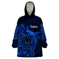 French Polynesia Tahiti Wearable Blanket Hoodie Polynesian Shark Tattoo With Hibiscus Blue Version LT14 One Size Blue - Polynesian Pride