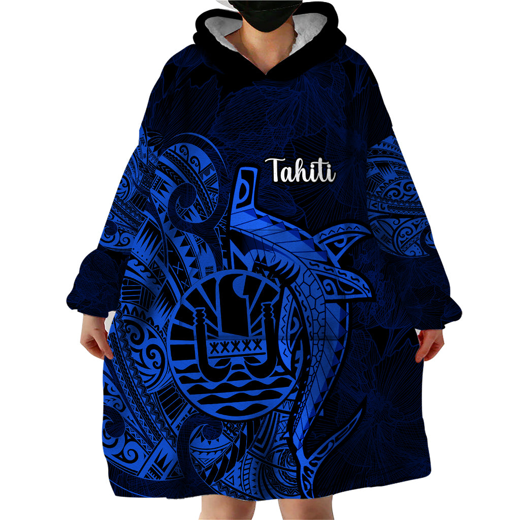 French Polynesia Tahiti Wearable Blanket Hoodie Polynesian Shark Tattoo With Hibiscus Blue Version LT14 - Polynesian Pride