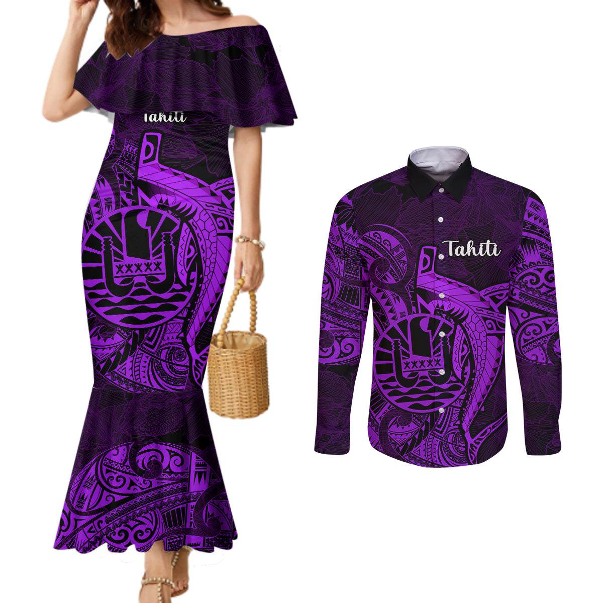 French Polynesia Tahiti Couples Matching Mermaid Dress and Long Sleeve Button Shirts Polynesian Shark Tattoo With Hibiscus Purple Version LT14 Purple - Polynesian Pride