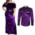 French Polynesia Tahiti Couples Matching Off Shoulder Maxi Dress and Long Sleeve Button Shirts Polynesian Shark Tattoo With Hibiscus Purple Version LT14 Purple - Polynesian Pride