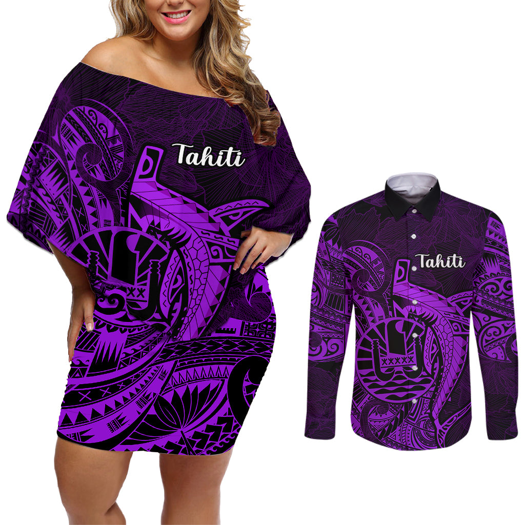 French Polynesia Tahiti Couples Matching Off Shoulder Short Dress and Long Sleeve Button Shirts Polynesian Shark Tattoo With Hibiscus Purple Version LT14 Purple - Polynesian Pride
