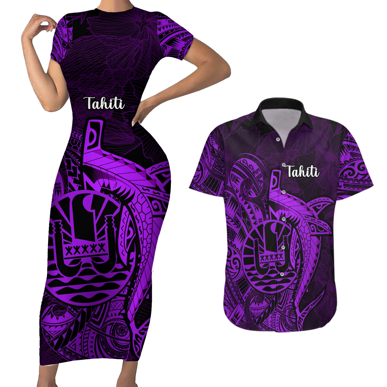 French Polynesia Tahiti Couples Matching Short Sleeve Bodycon Dress and Hawaiian Shirt Polynesian Shark Tattoo With Hibiscus Purple Version LT14 Purple - Polynesian Pride