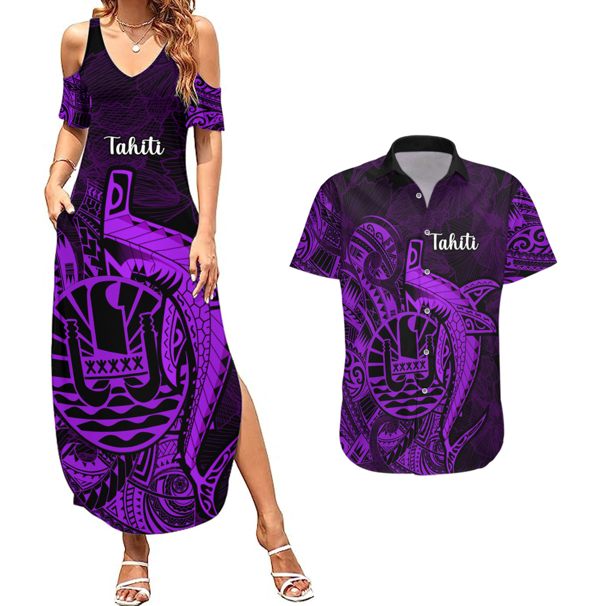 French Polynesia Tahiti Couples Matching Summer Maxi Dress and Hawaiian Shirt Polynesian Shark Tattoo With Hibiscus Purple Version LT14 Purple - Polynesian Pride