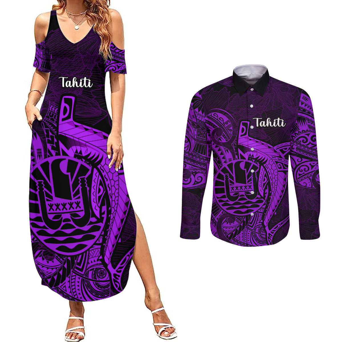 French Polynesia Tahiti Couples Matching Summer Maxi Dress and Long Sleeve Button Shirts Polynesian Shark Tattoo With Hibiscus Purple Version LT14 Purple - Polynesian Pride