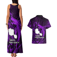 French Polynesia Tahiti Couples Matching Tank Maxi Dress and Hawaiian Shirt Polynesian Shark Tattoo With Hibiscus Purple Version LT14 - Polynesian Pride