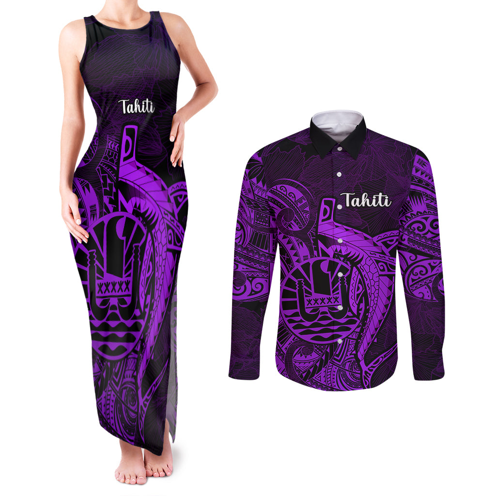 French Polynesia Tahiti Couples Matching Tank Maxi Dress and Long Sleeve Button Shirts Polynesian Shark Tattoo With Hibiscus Purple Version LT14 Purple - Polynesian Pride