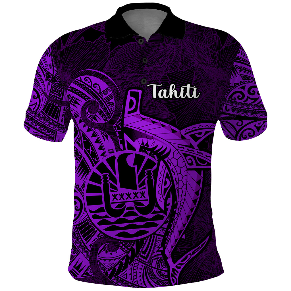 French Polynesia Tahiti Polo Shirt Polynesian Shark Tattoo With Hibiscus Purple Version LT14 Purple - Polynesian Pride