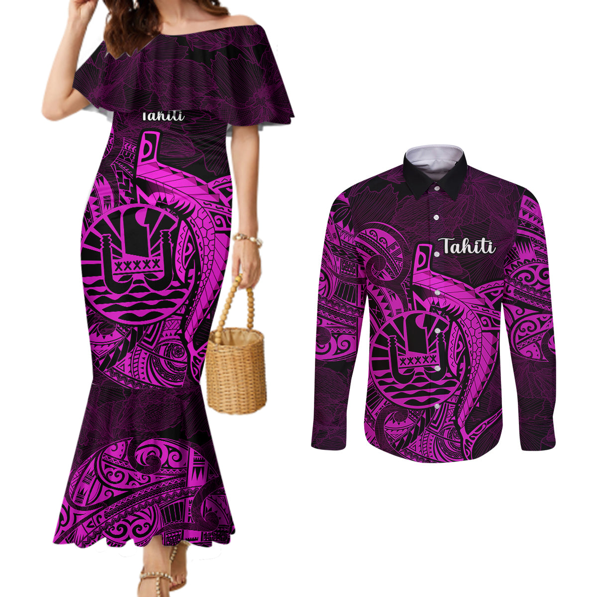 French Polynesia Tahiti Couples Matching Mermaid Dress and Long Sleeve Button Shirts Polynesian Shark Tattoo With Hibiscus Pink Version LT14 Pink - Polynesian Pride