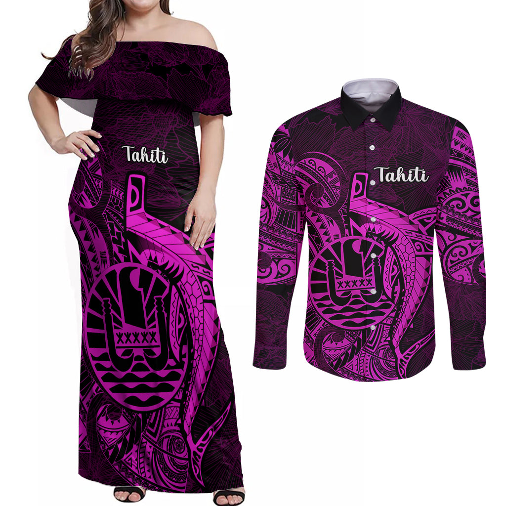 French Polynesia Tahiti Couples Matching Off Shoulder Maxi Dress and Long Sleeve Button Shirts Polynesian Shark Tattoo With Hibiscus Pink Version LT14 Pink - Polynesian Pride